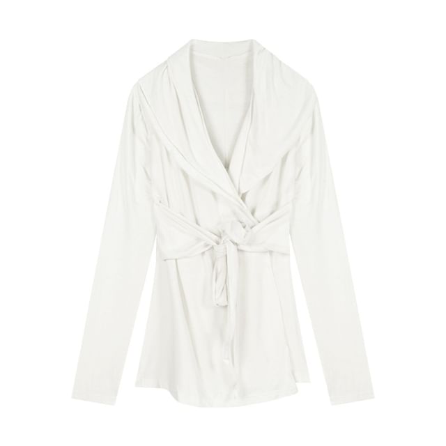 Waist Shawl Tie Plain Collar Cardigan