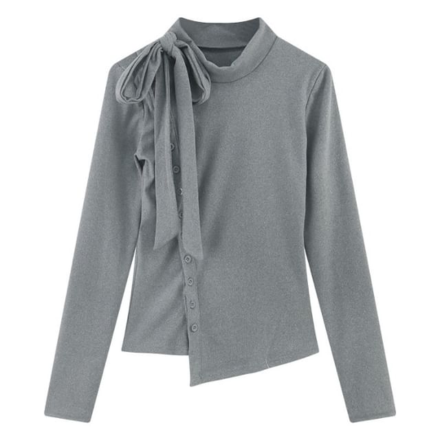 Asymmetrical T-Shirt Button-Up Plain Stand Long-Sleeve Collar