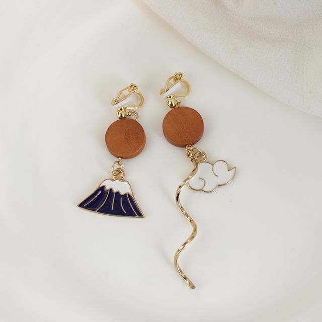 Earring Asymmetrical Enamel Mountain Drop On Clip /