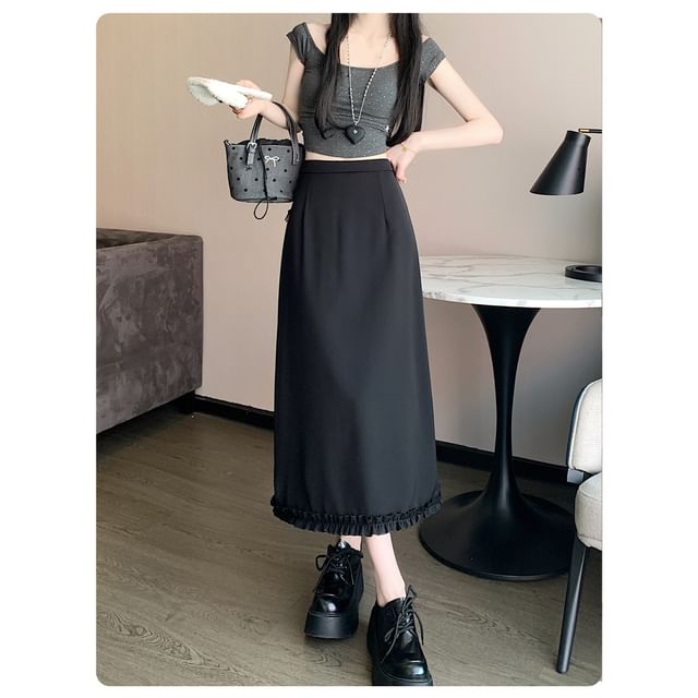 Skirt Plain Trim Ruffle Rise Slit High Midi A-Line