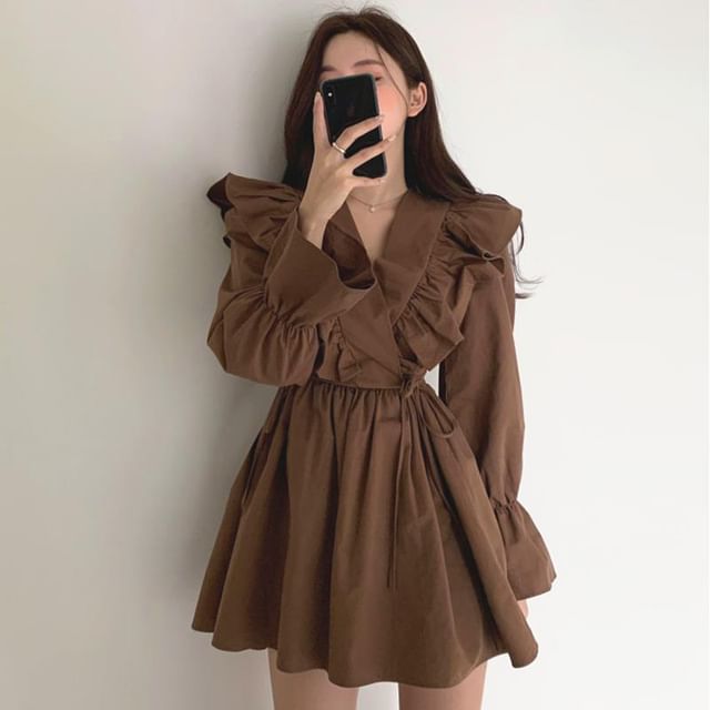 A-Line Mini Plain Collared Long-Sleeve Dress V-Neck