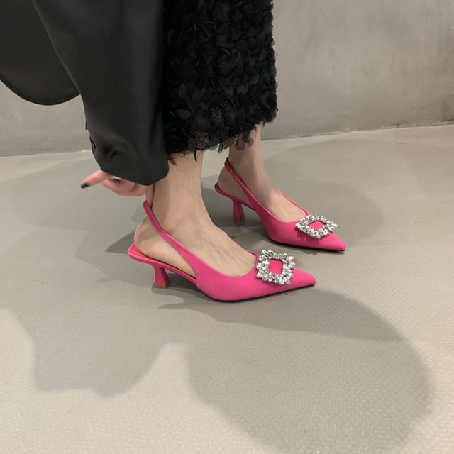 Buckle Slingback Heel Rhinestone Low Sandals