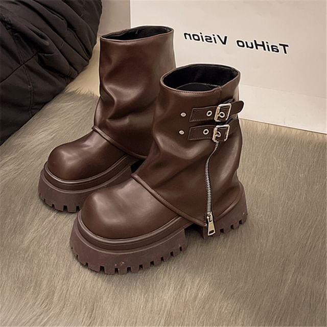 Platform Zip Buckled Panel Short Boots