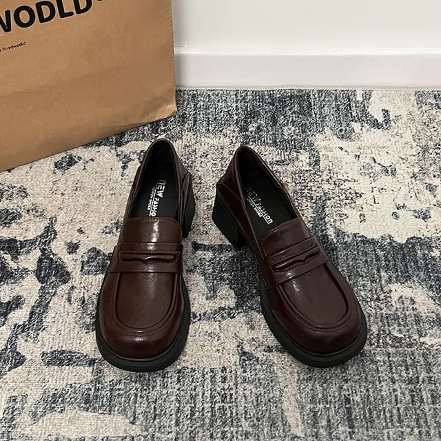 Block Faux Loafers Leather Heel