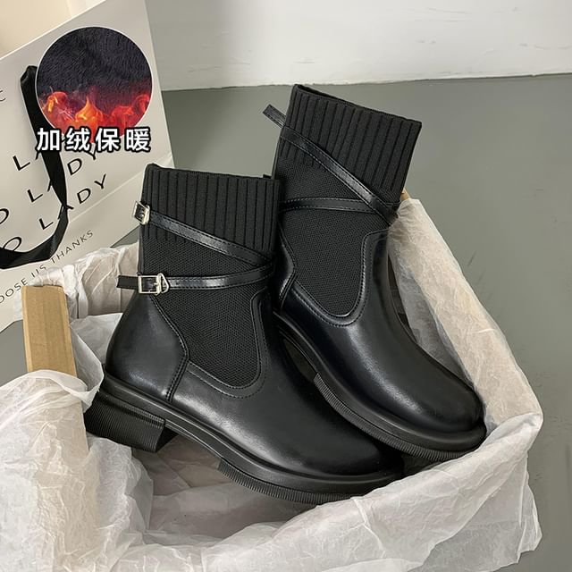 Buckled Boots Knit Panel Short Platform