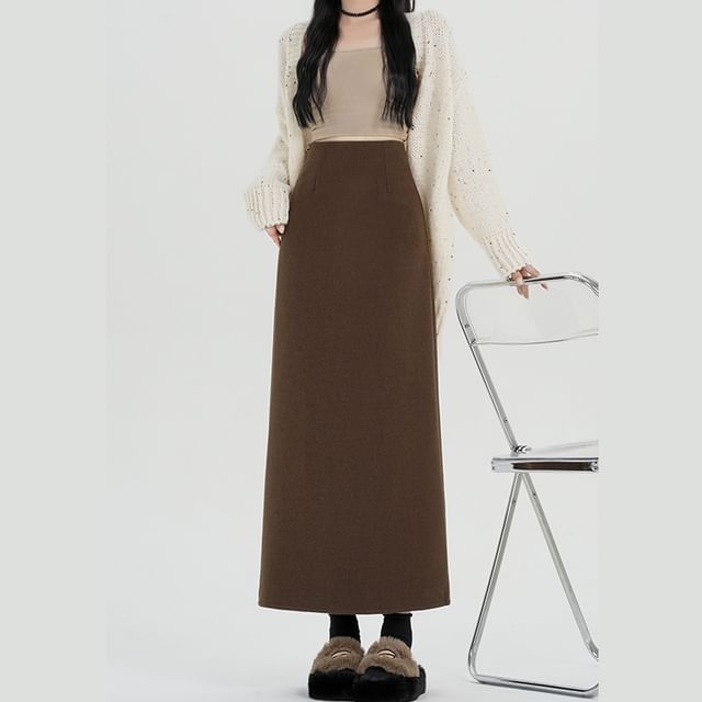 High Skirt Back Midi Plain Slit Waist A-Line