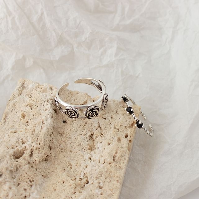 Set Ring Rhinestone Flower Open /