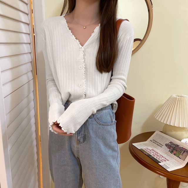 Cropped Cardigan Knit V-Neck Ribbed Plain