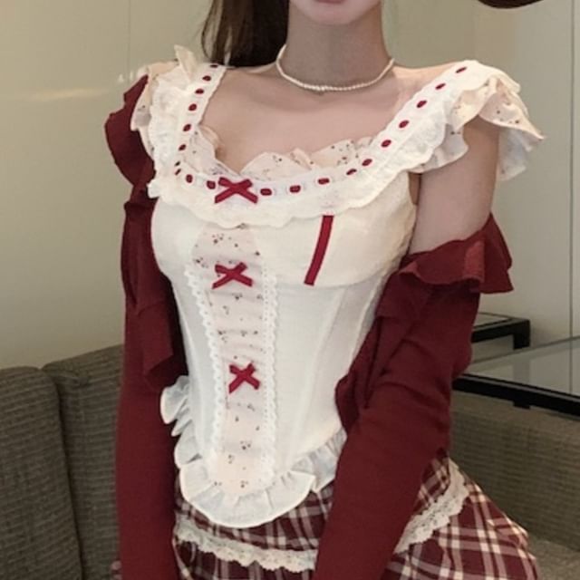 Ruffle Panel Top Floral Print High Cardigan Bow Sleeveless Striped Mini A-Line Skirt Waist Plaid /