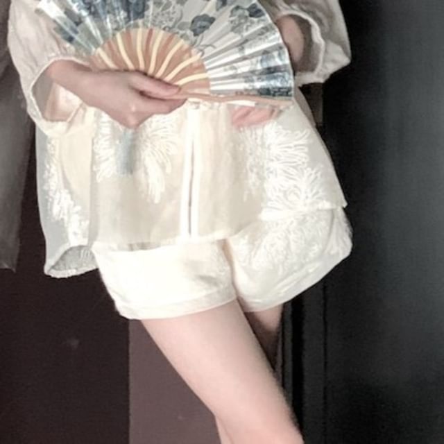 Plain Set Puff-Sleeve Embroidered / High Camisole Skirt Shorts V-Neck Rise Blouse Flower Top Maxi A-Line