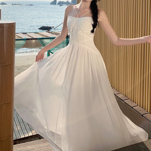 Plain Ruched Maxi Spaghetti Strap Dress A-Line