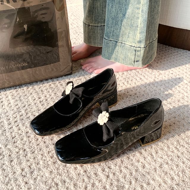 Pumps Jane Toe Block Flower Mary Heel Bow Square