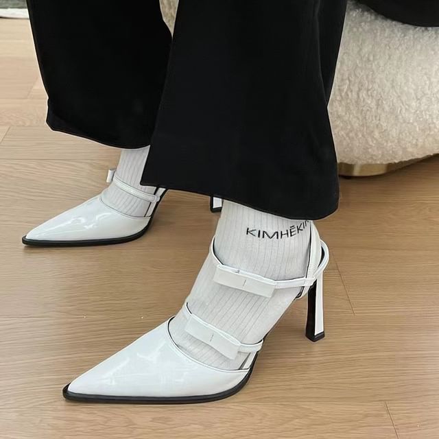 Toe Strap Stiletto Leather Pointed Patent Sandals Bow Ankle Accent