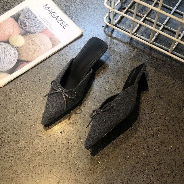Plain Heel Bow Mules Accent Chunky Pointed Toe