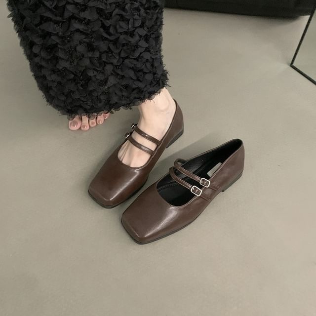 Jane Mary Toe Double Square Shoes Strap Leather Faux