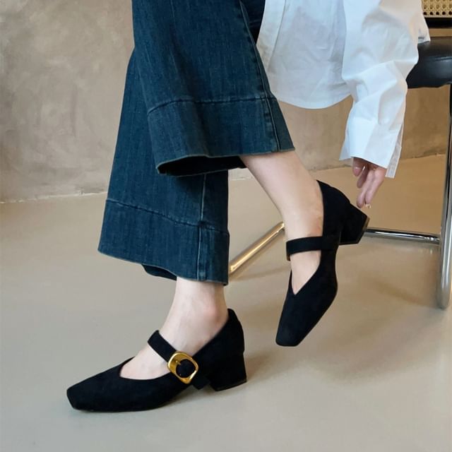 Suede Buckled Chunky Pumps Jane Heel Mary Faux