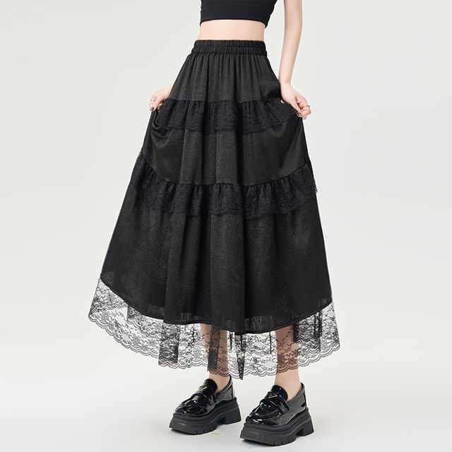Maxi High Rise Trim A-Line Lace Plain Skirt