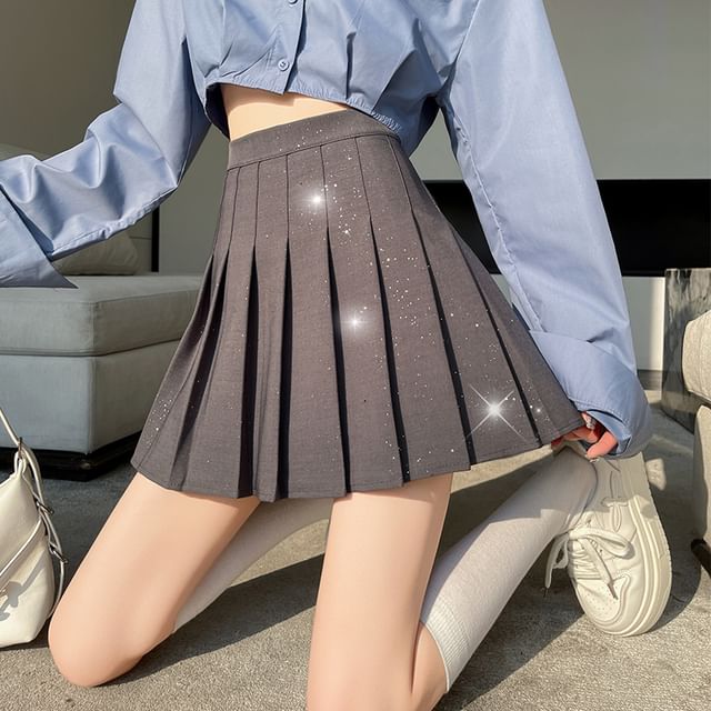 Waist Sequin Pleated Mini High A-Line Skirt