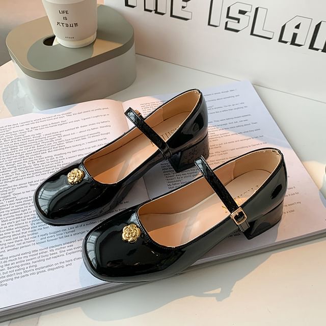 Heel Patent Leather Flower Mary Jane Chunky Pumps Accent