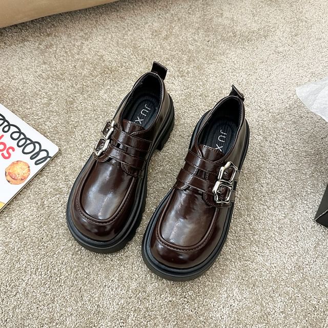 Leather Platform Shoes Buckled Faux Plain