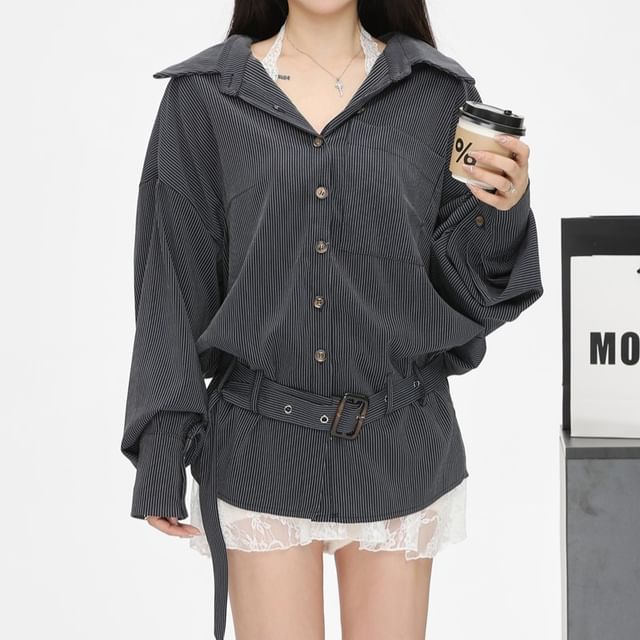 Shirt Long-Sleeve Plain Oversized Trim / Camisole Striped Front Top Pocket Lace