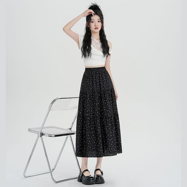 A-Line Tiered Elastic Skirt Midi Floral Waist