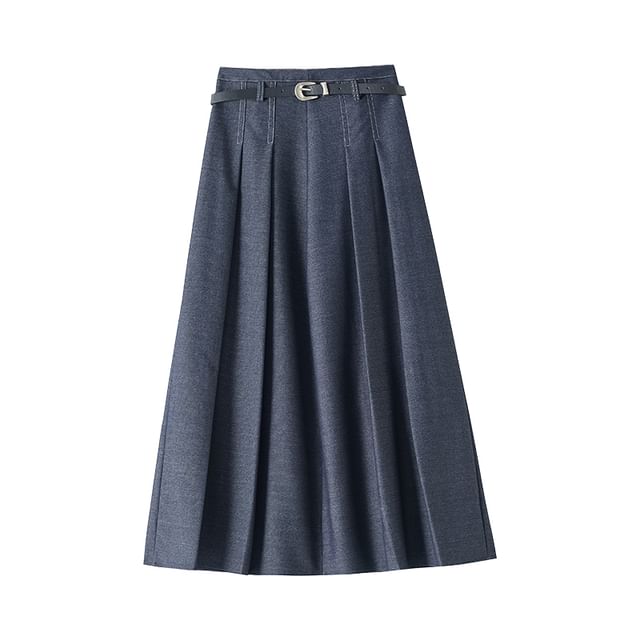 A-Line Waist Midi Pleated High Skirt Denim