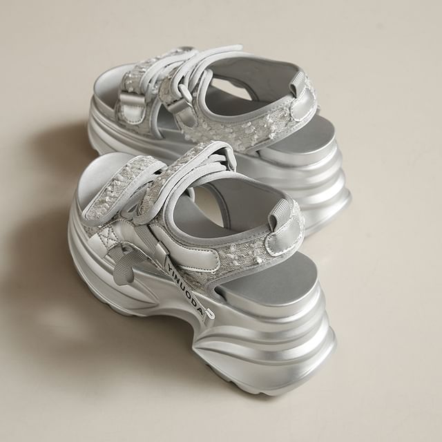 Sandals Sequin Platform Adhesive Strap Slingback