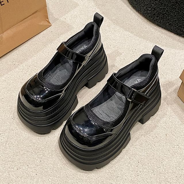 Jane Faux Adhesive Strap Leather Platform Shoes Mary