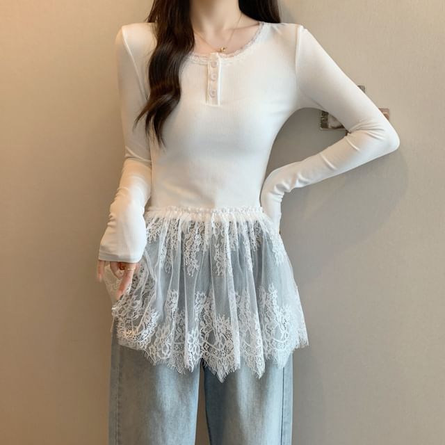 Henley T-Shirt Slim Peplum Long-Sleeve Fit Lace Panel