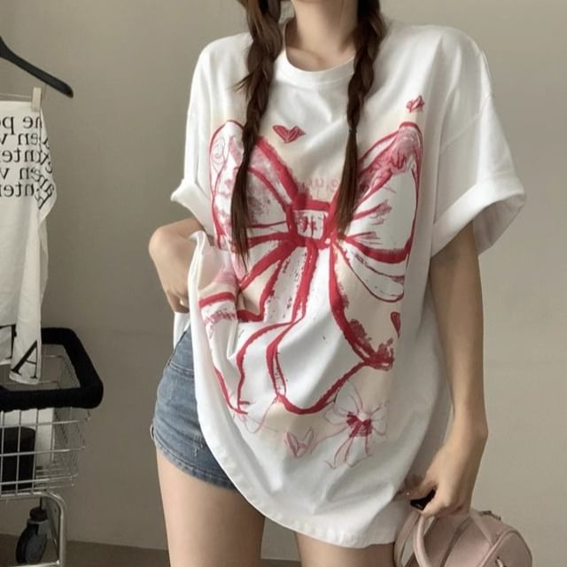 Oversized Neck Round Print T-Shirt Elbow-Sleeve Bow