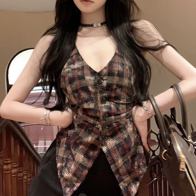 V-Neck Plaid Button-Up Sleeveless Top