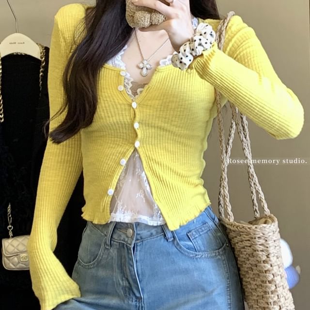 Trim Top Ruffle Cardigan Camisole V-Neck Scoop Lace Neck Plain /