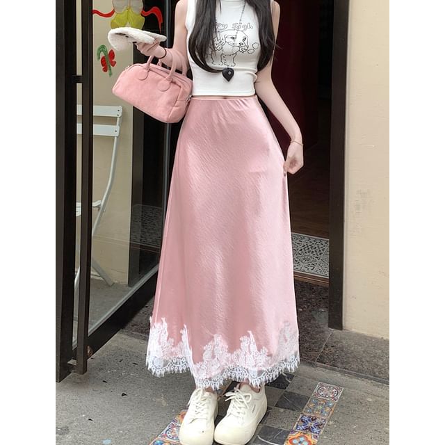 Lace Midi Panel Skirt Satin High Rise A-Line