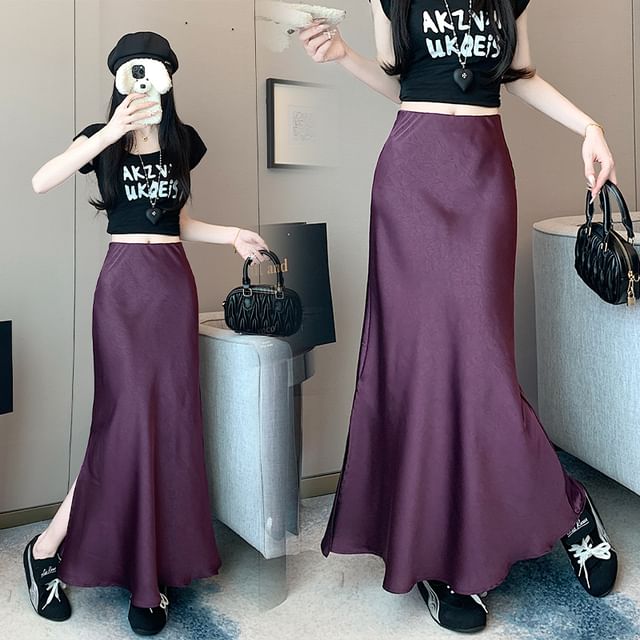 Fishtail Slit Maxi Satin High Plain Rise Skirt
