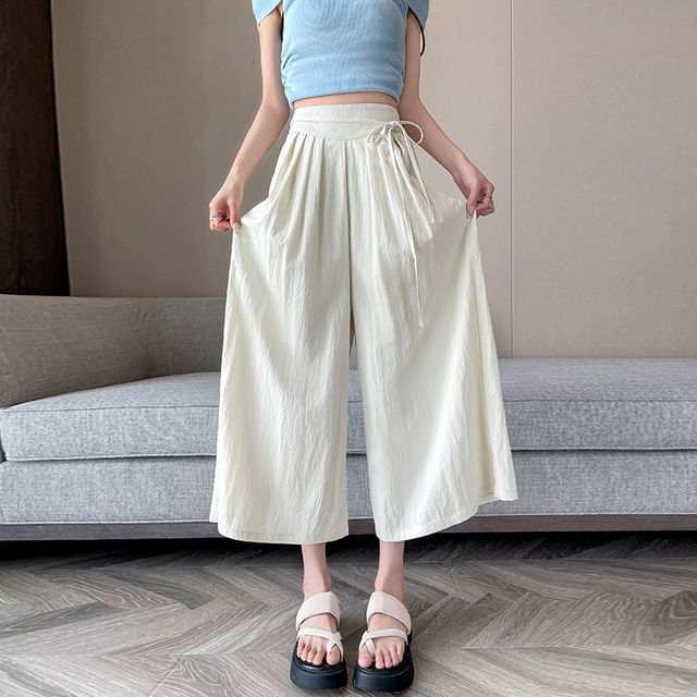 Plain Cropped Waist Pleated High Culottes