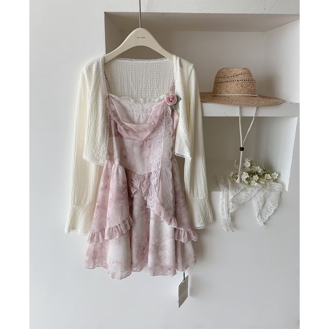A-Line Strap Mini Set: Dress + Print Floral Plain Spaghetti Cardigan