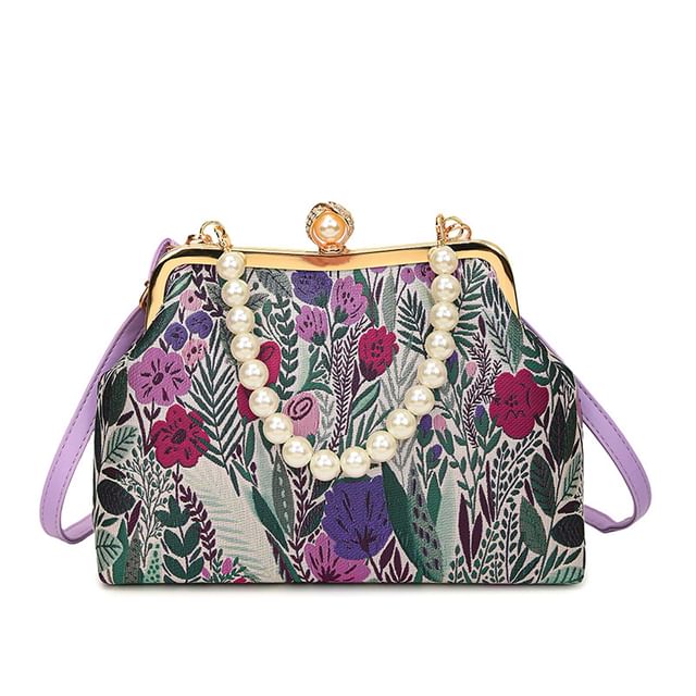 Bag Faux Crossbody Jacquard Floral Strap Pearl