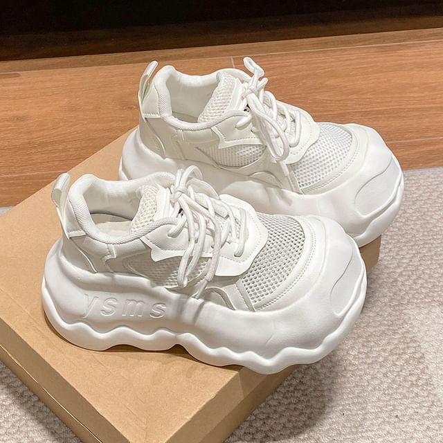 Mesh Leather Panel Lace-Up Faux Platform Sneakers