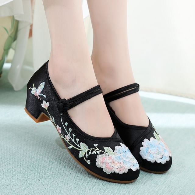 Heel Embroidery Pumps Floral Block