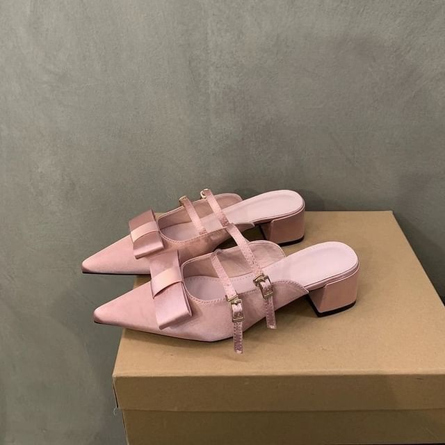Bow Jane Heel Mary Pointed Toe Mules Chunky