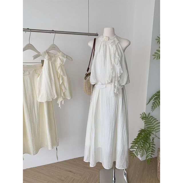 High Midi Blouse Set: Rise Plain Skirt Ruffle + Halter A-Line