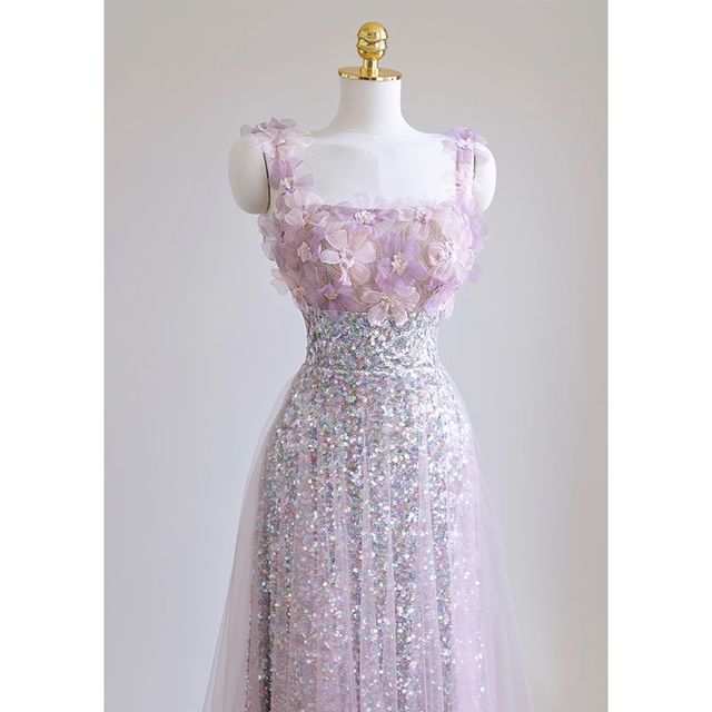 Evening A-Line Gown Strap Wide Glitter Floral