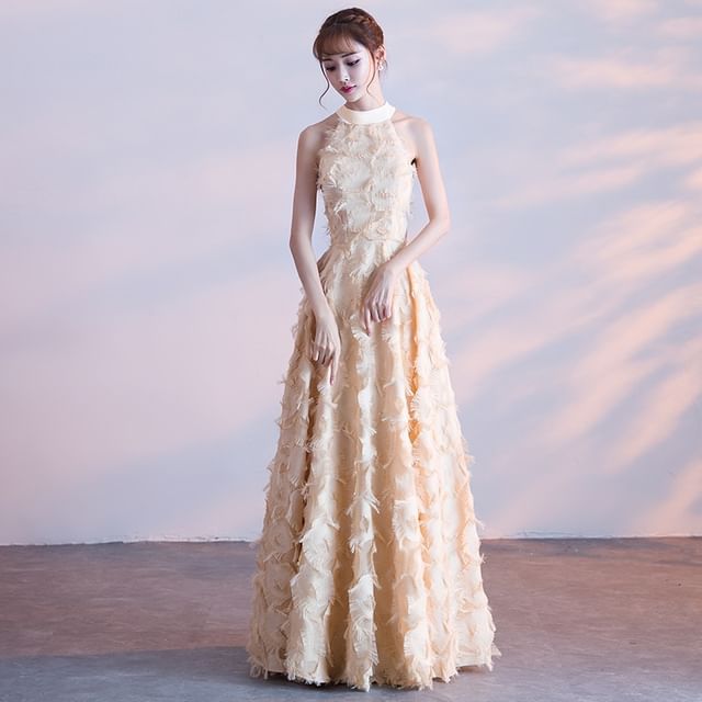 Evening Gown A-Line Halter-Neck Feather