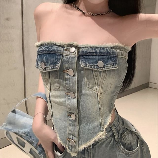 Jeans Button-Up Rise Top Fit Loose Crop Frayed High Tube Washed Ripped / Denim