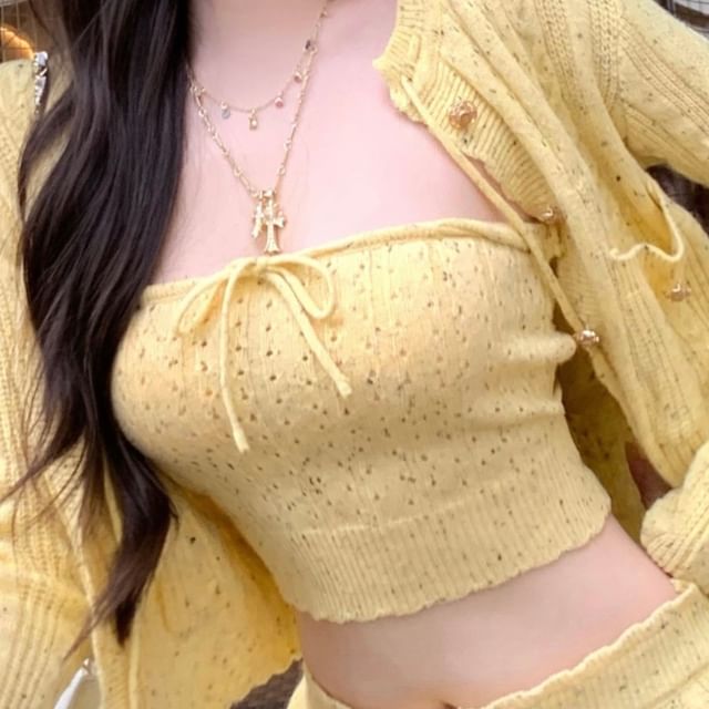 Speckle Cardigan Top Perforated Tie Drawstring / Pants Hot Knit Crop Tube Front Waist