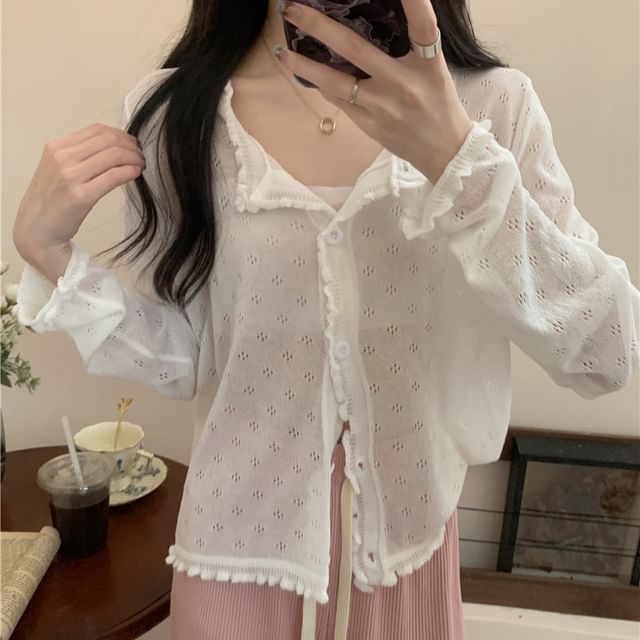 Knit Pointelle Cardigan Edge Plain Lettuce