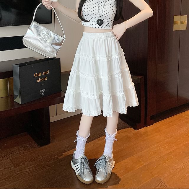 Plain A-Line Elastic Trim Ruffle Skirt Waist Tiered