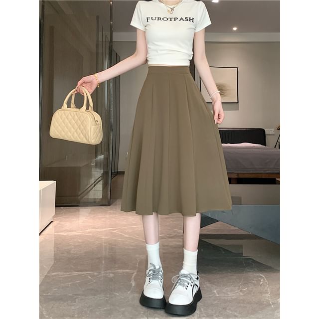 Skirt High Waist Midi A-Line Plain