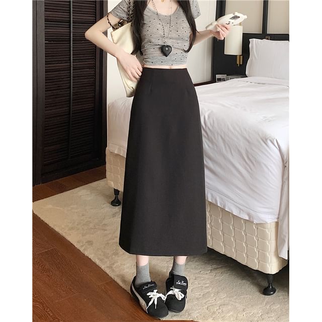 High Skirt Midi Plain Rise A-Line Slit